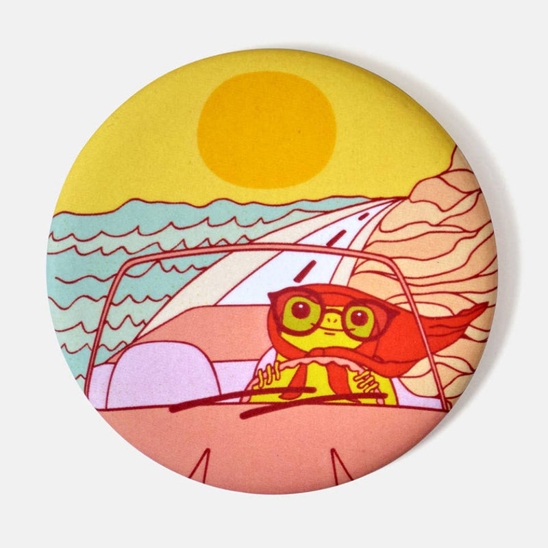 Illustration of a cartoon frog driving a car with a beach scene in the background.