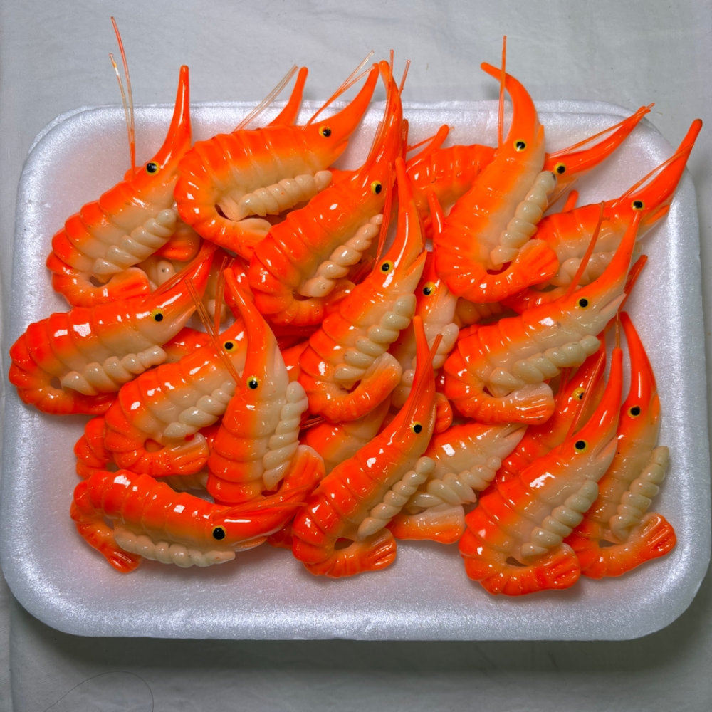 White tray of bright orange shrimp magnets. Each magnet has black eyes and a long nose.