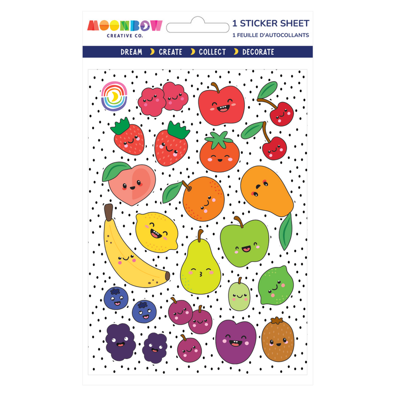 Sticker sheet with colorful fruit illustrations on a white background