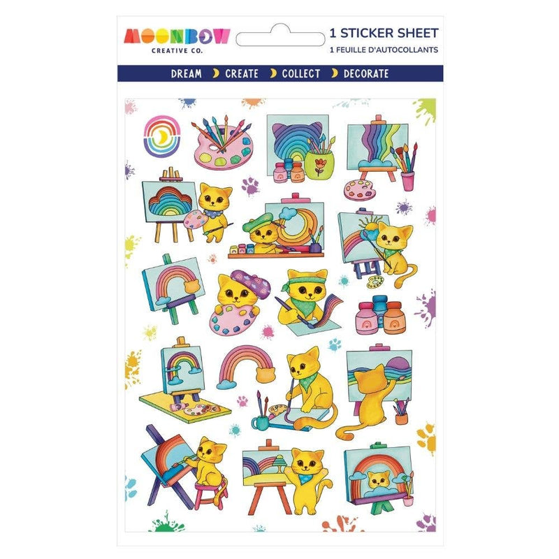 Sticker sheet with cartoon cats painting and colorful elements, branded 'Moonbow Creative Co'.