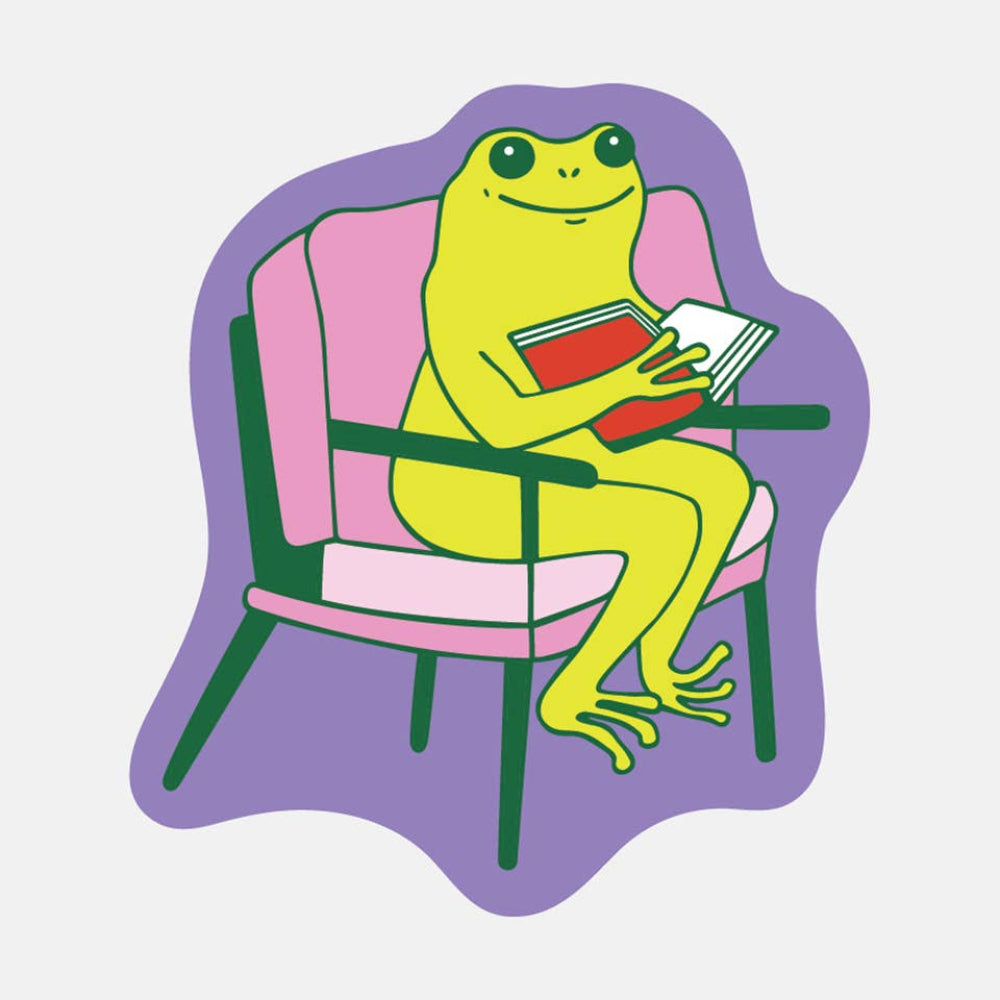 Illustration of a frog sitting in a chair with books on a light purple background