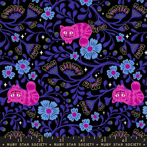 Fabric pattern with pink cats and flowers on a dark background, featuring Ruby Star Society branding.