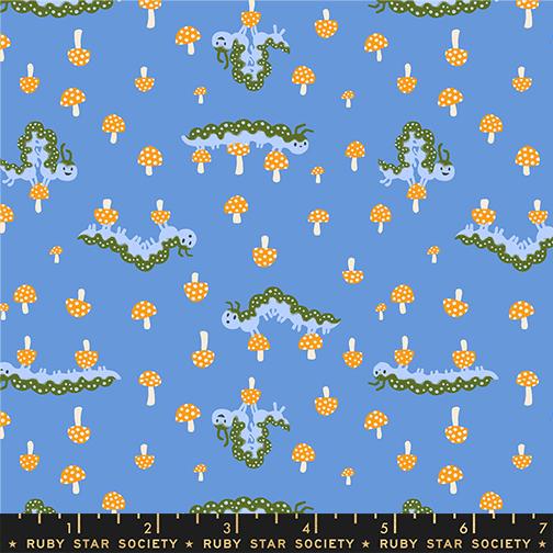 Green caterpillars and orange mushrooms on a blue background with Ruby Star Society label