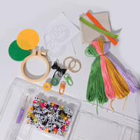Embroidery hoop, stencils, fabric, thread, beads, and a punch needle on a white background