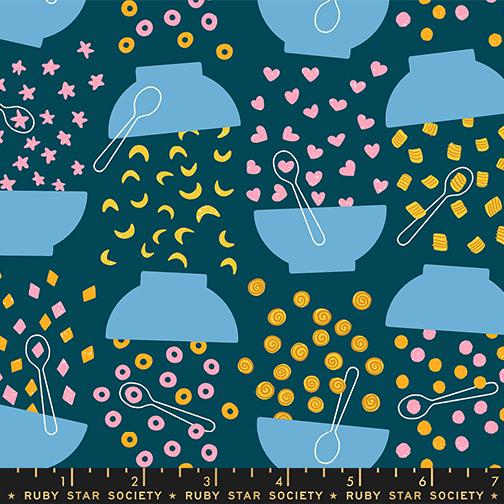 Pattern of various cereal shapes with bowls and spoons on a blue background with Ruby Star Society label