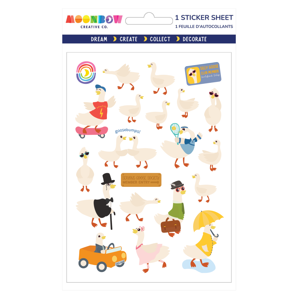 Packaged sticker sheet with cartoon geese in various poses on a white background