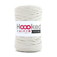 Ball of ribbon yarn with 'Hoooked' label on a white background