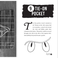 Illustration of a tie-on pocket on a garment with text explaining its history.