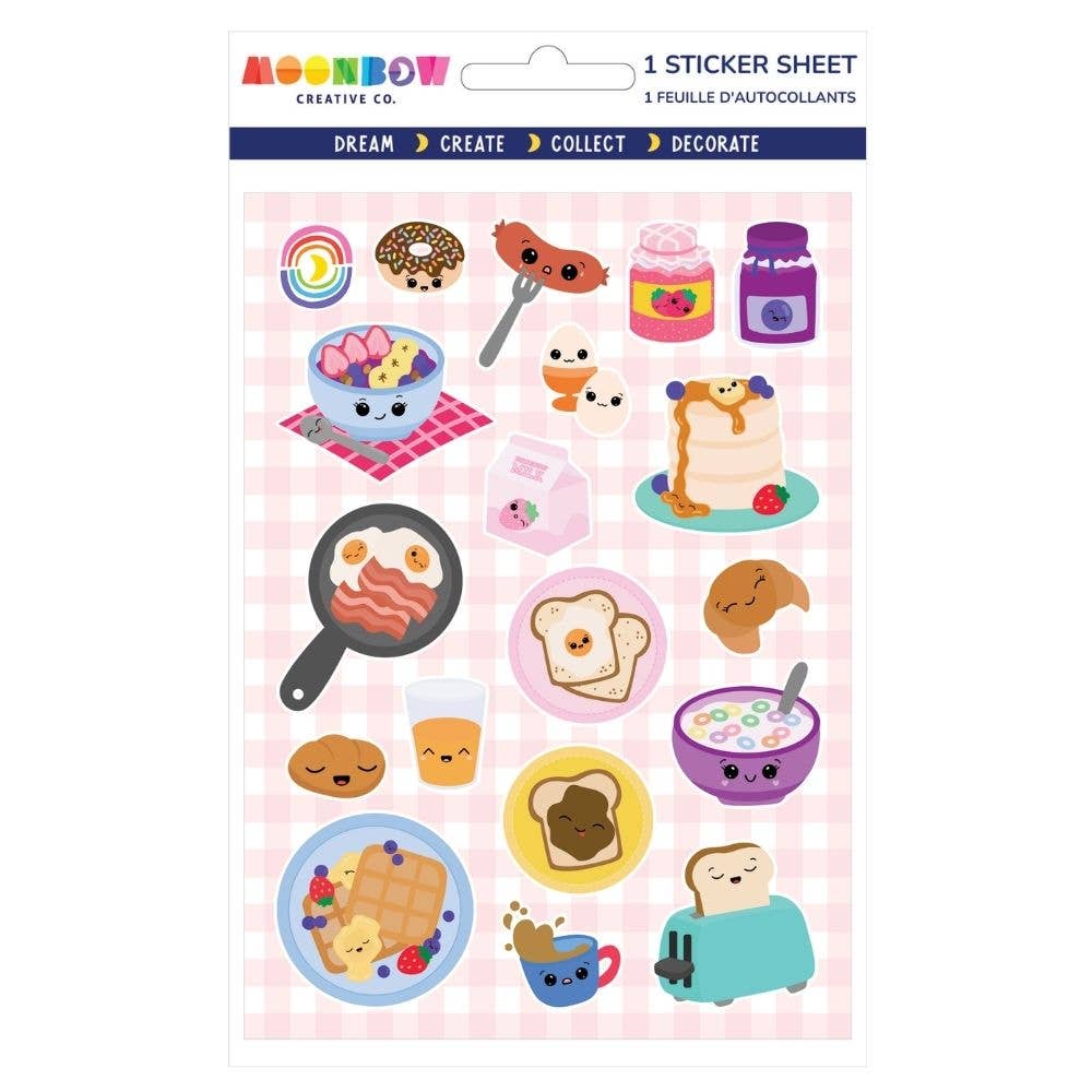 Sticker sheet with cute food illustrations on a pink background, branded 'Moonbow Creative Co'.