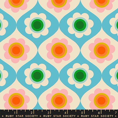 Patterned fabric with flowers and geometric shapes on a blue background, featuring Ruby Star Society branding.