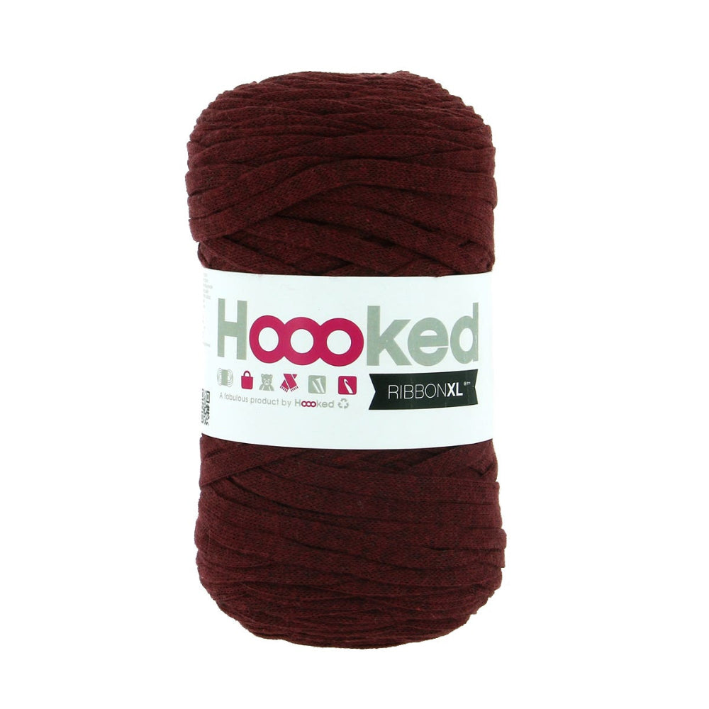 Ball of maroon yarn with a 'Hoooked' label on a white background