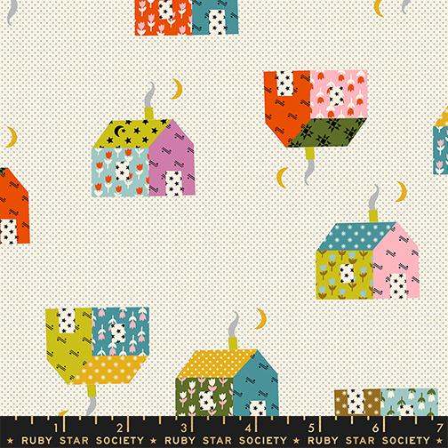 Pattern of colorful houses on a white background with a ruler at the bottom.