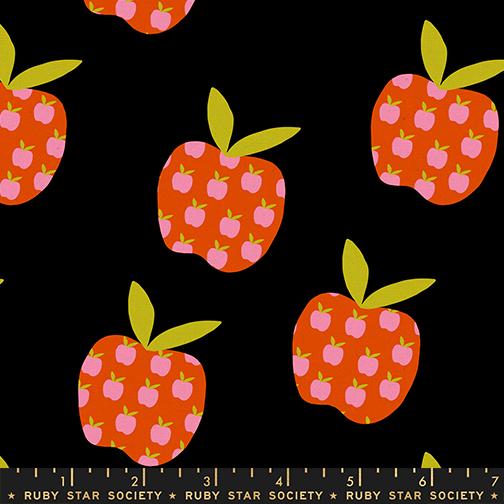 Pattern of red apples with green stems on a black background, featuring Ruby Star Society label.