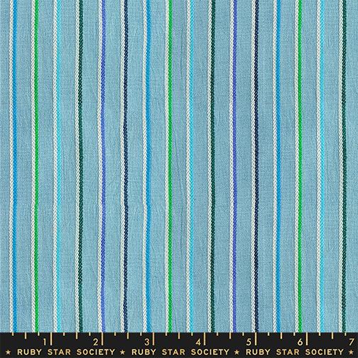 Fabric with blue and green striped pattern, featuring Ruby Star Society label.