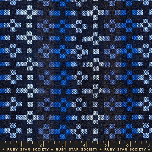 Fabric with blue and white pattern on a black background, featuring 'Ruby Star Society' branding.