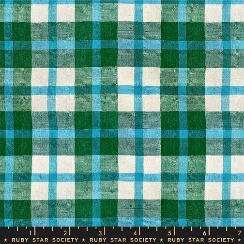 Plaid fabric with green, blue, and white pattern, featuring Ruby Star Society label.
