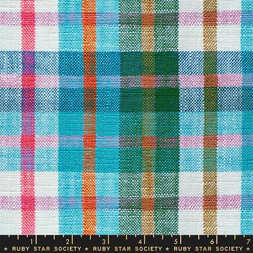 Plaid fabric pattern with multicolors on a black border with 'Ruby Star Society' branding.