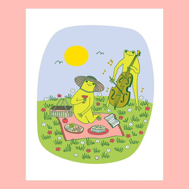 Illustration of two frogs having a picnic with a pink border