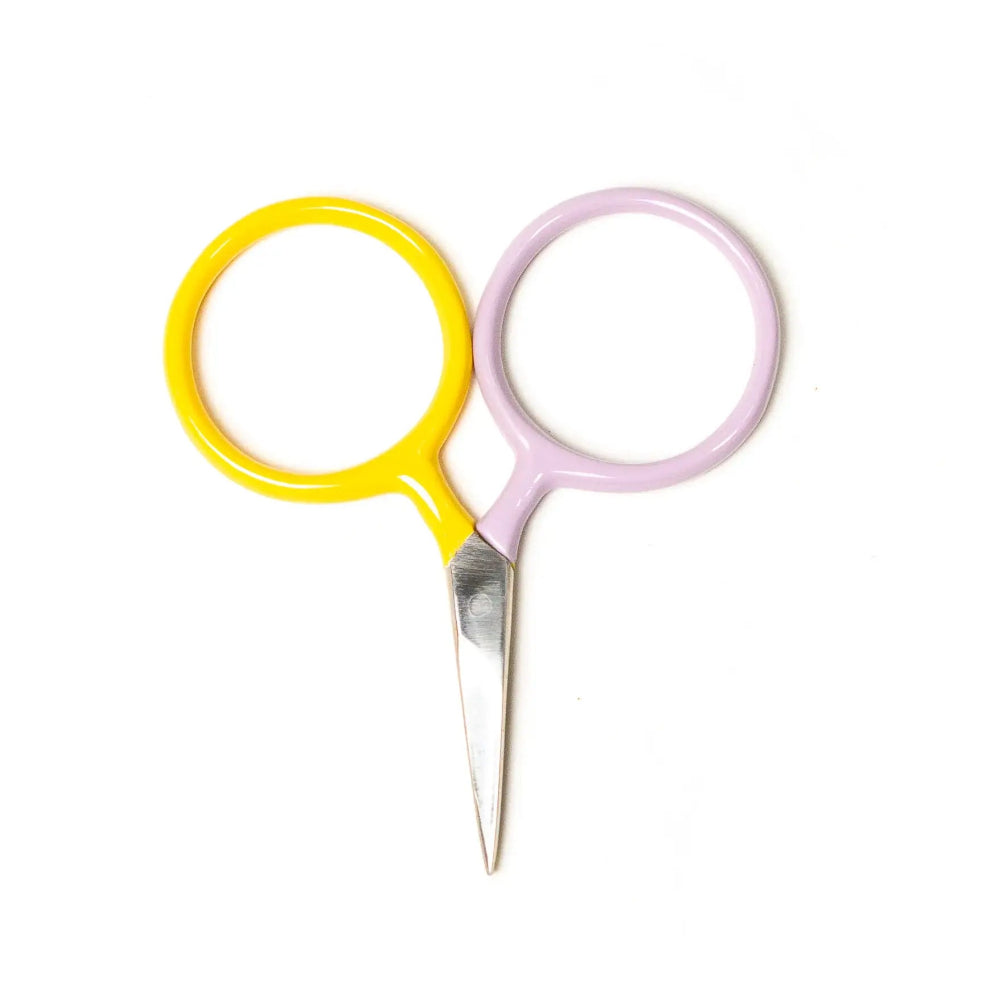 Pair of small scissors with yellow handles and a pink ring on a white background