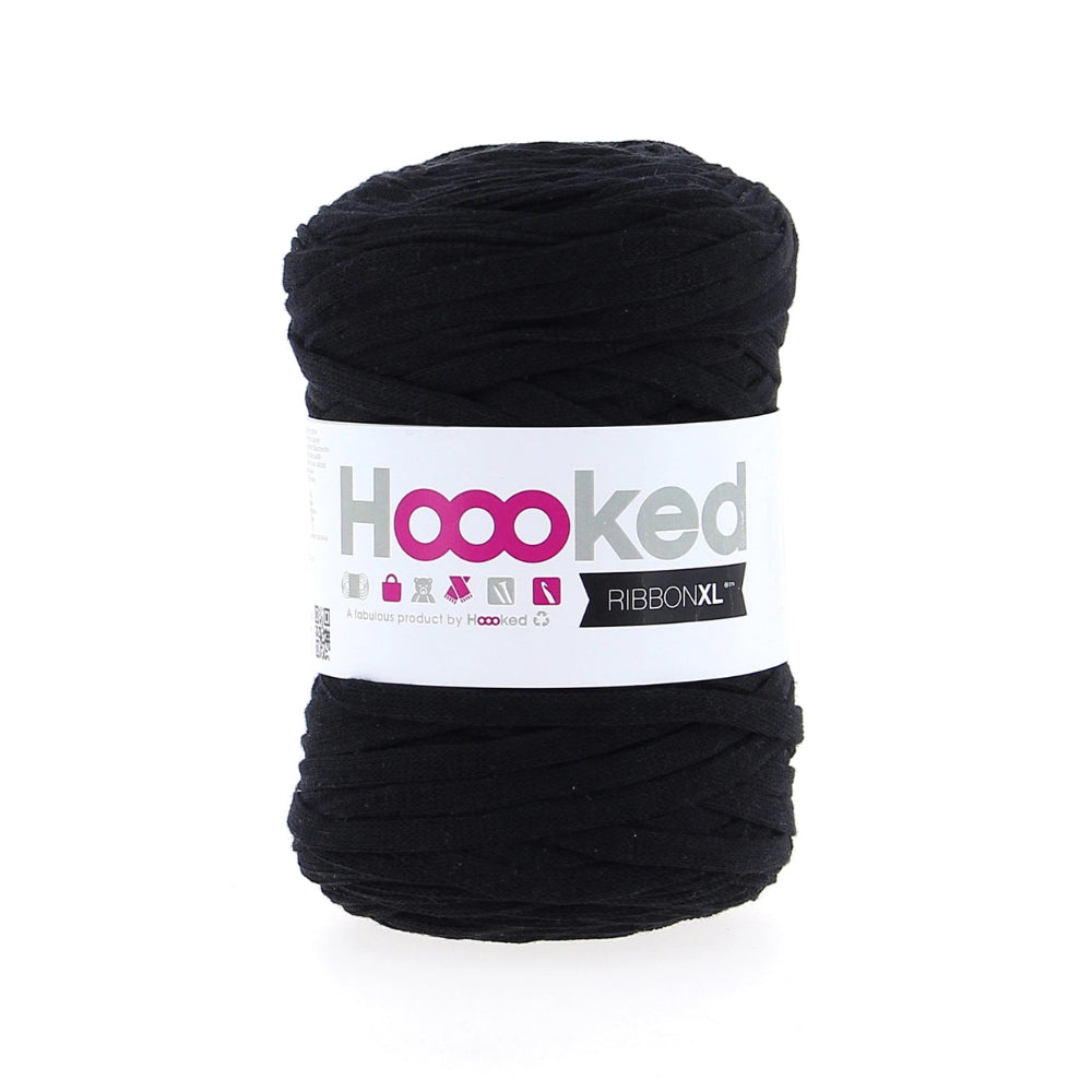 Black yarn ball with a 'Hooked' label on a white background