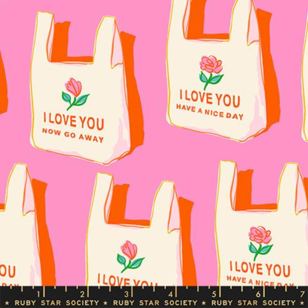 Fabric swatch of white shopping bags on a pink background. The bags read "I love you now go away"