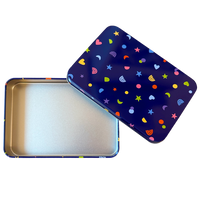 Colorful patterned tin box with a metallic interior on a white background
