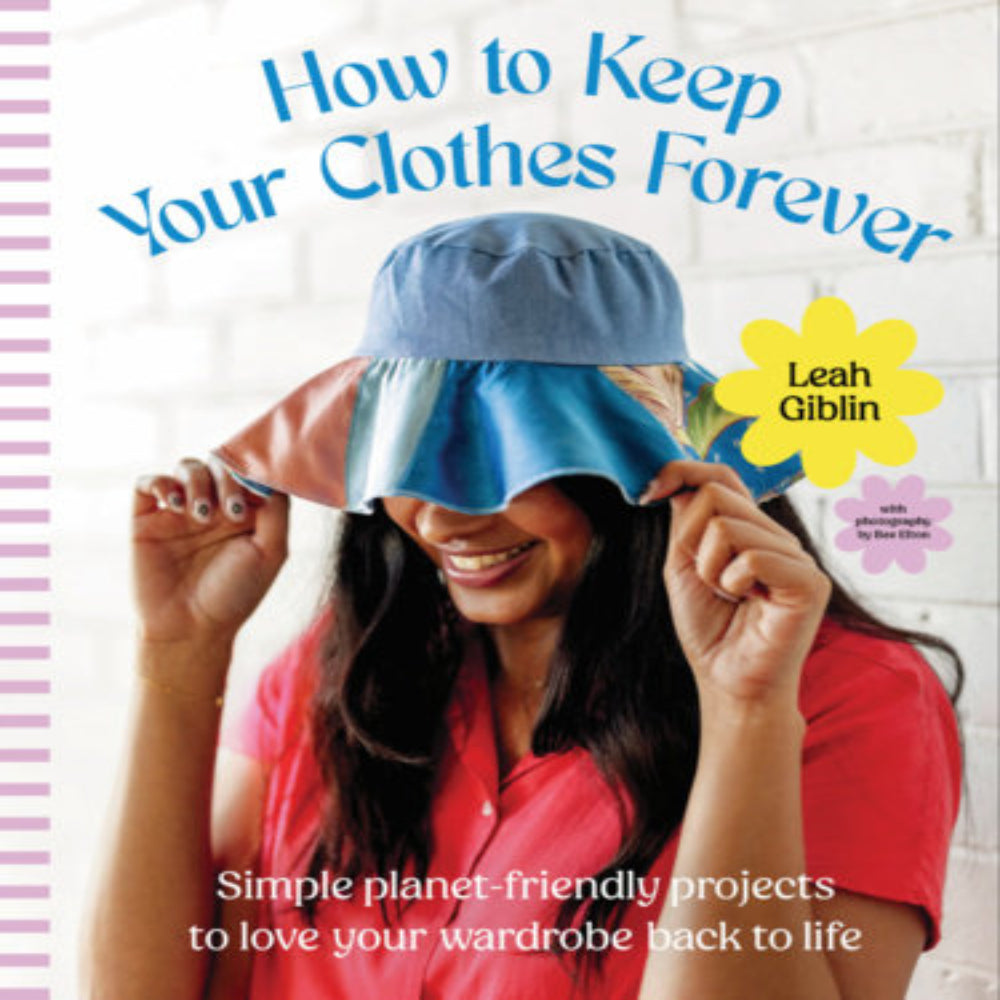 "how to keep your clothes forever" book title with woman wearing blue hat