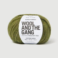 A ball of Wool and the Gang's Alpaca Stardust yarn in Lightning Green, featuring a white paper label with black text, set against a clean, light gray background.