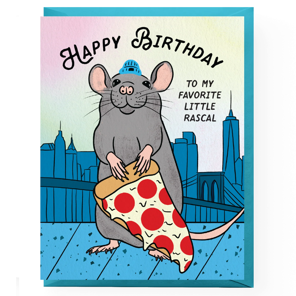 A square birthday card featuring a cartoon gray rat wearing a blue cap and holding a slice of pepperoni pizza, with a blue city skyline in the background. The text reads 'Happy Birthday to my favorite little rascal.