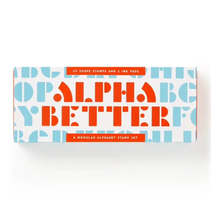 image of apha better stamp set  box white background with sky blue and bright red lettering 