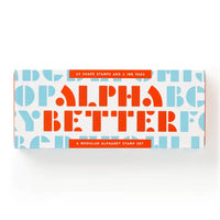 image of apha better stamp set  box white background with sky blue and bright red lettering 