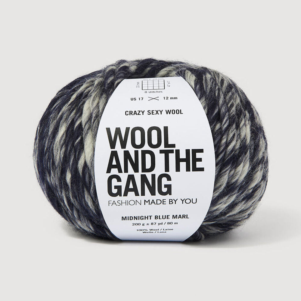 A ball of dark blue and white variegated yarn with a white paper label that reads 'WOOL AND THE GANG' on a light gray background.