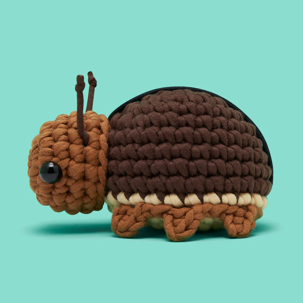 Crocheted Roach on teal background