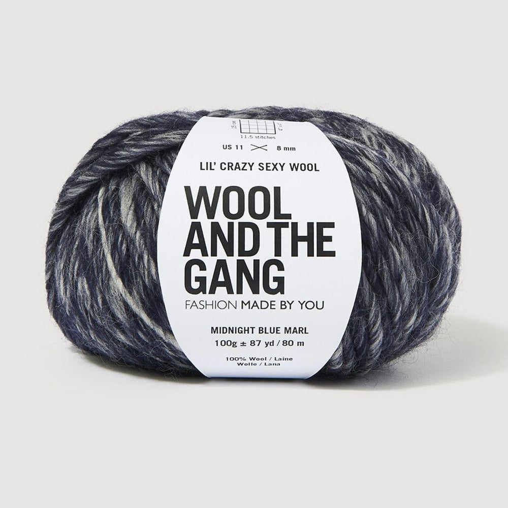 A skein of Lil' Crazy Sexy Wool by Wool and The Gang in Midnight Blue Marl, which is a variegated dark blue and white colorway. 