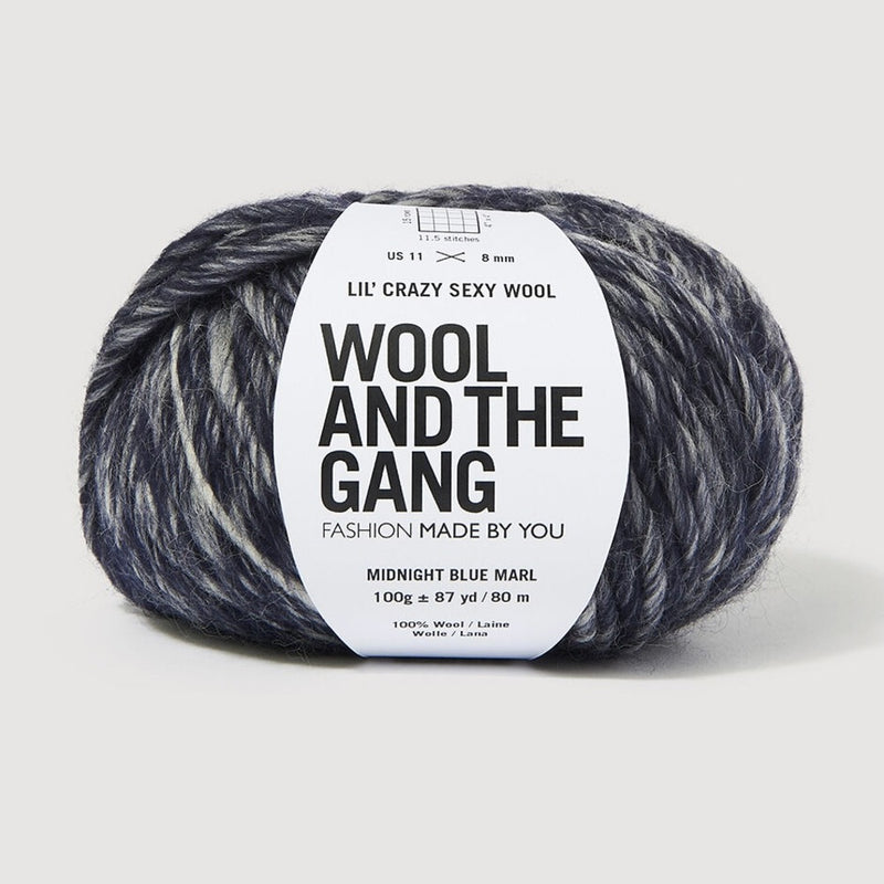 A skein of Lil' Crazy Sexy Wool by Wool and The Gang in Midnight Blue Marl, which is a variegated dark blue and white colorway. 