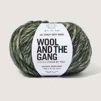 A skein of Lil' Crazy Sexy Wool by Wool and The Gang in Heritage Green Marl, which is a variegated dark green and white colorway. 