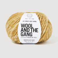 A skein of Lil' Crazy Sexy Wool by Wool and The Gang in Bronzed Olive Marl, which is a variegated dark yellow and white colorway. 