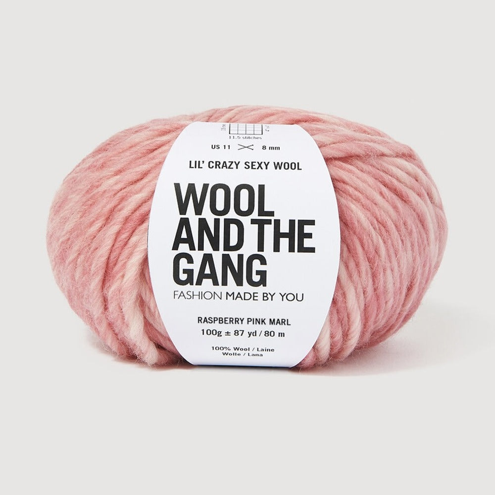 A skein of Lil' Crazy Sexy Wool by Wool and The Gang in Raspberry Pink Marl, which is a variegated pink and white colorway. 