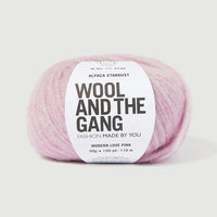 A ball of Wool and the Gang's Alpaca Stardust yarn in Modern Love Pink, featuring a white paper label with black text, set against a clean, light gray background.