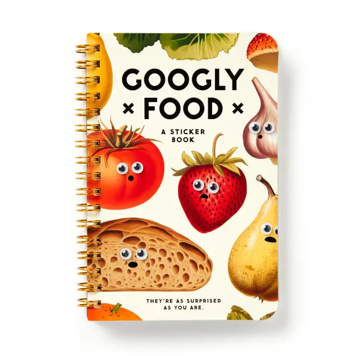 Googly Food sticker book with metal coil binding. Front cover features fruits veggies and bread all with googly eyes