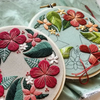 Two floral embroidery hoops with red, green, and pink flowers on a light blue fabric background.