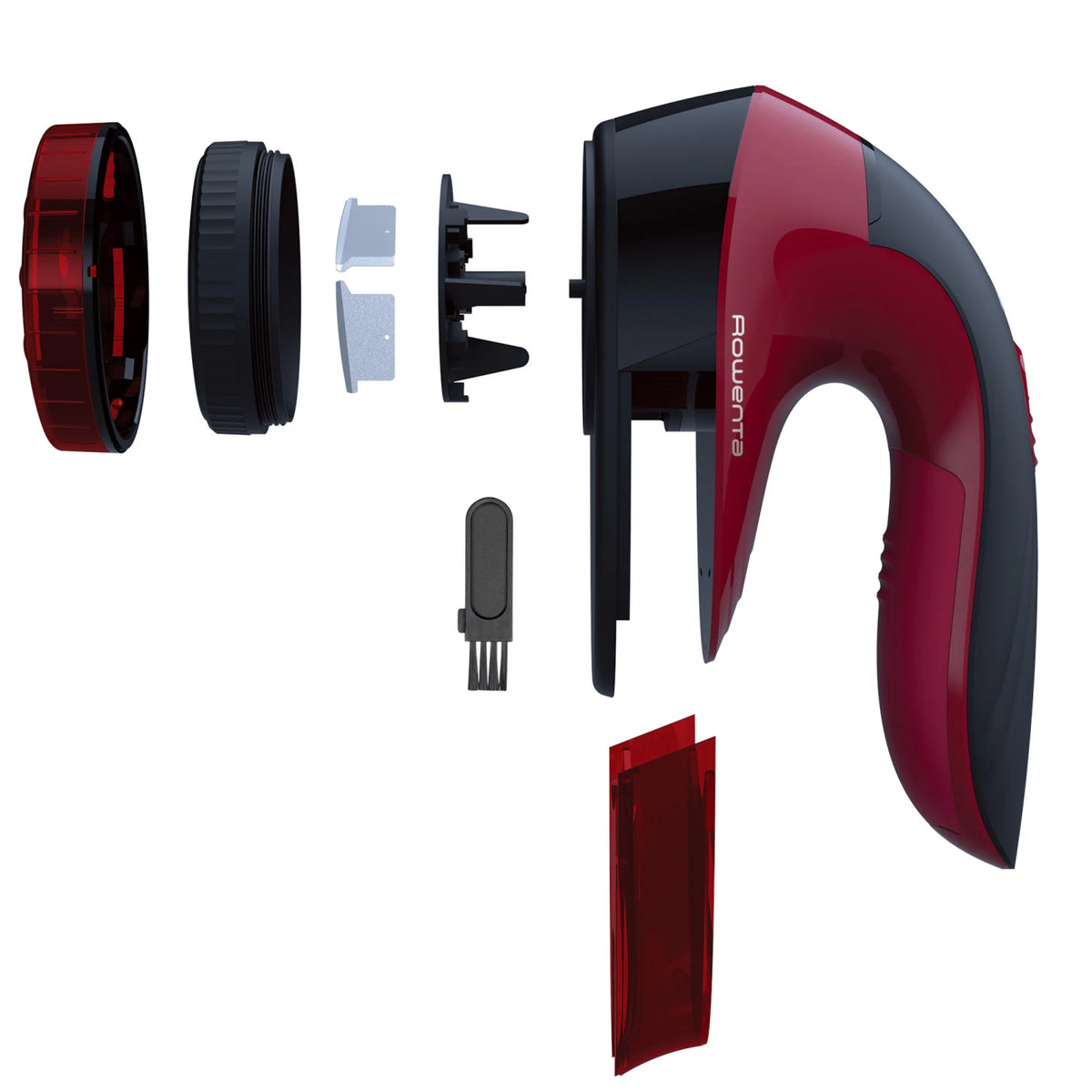 Red and black lint remover with detachable parts on a white background