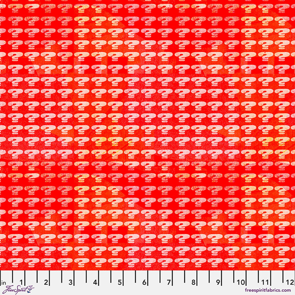 Pattern of question marks on a red- orange background with a fabric swatch at the bottom.