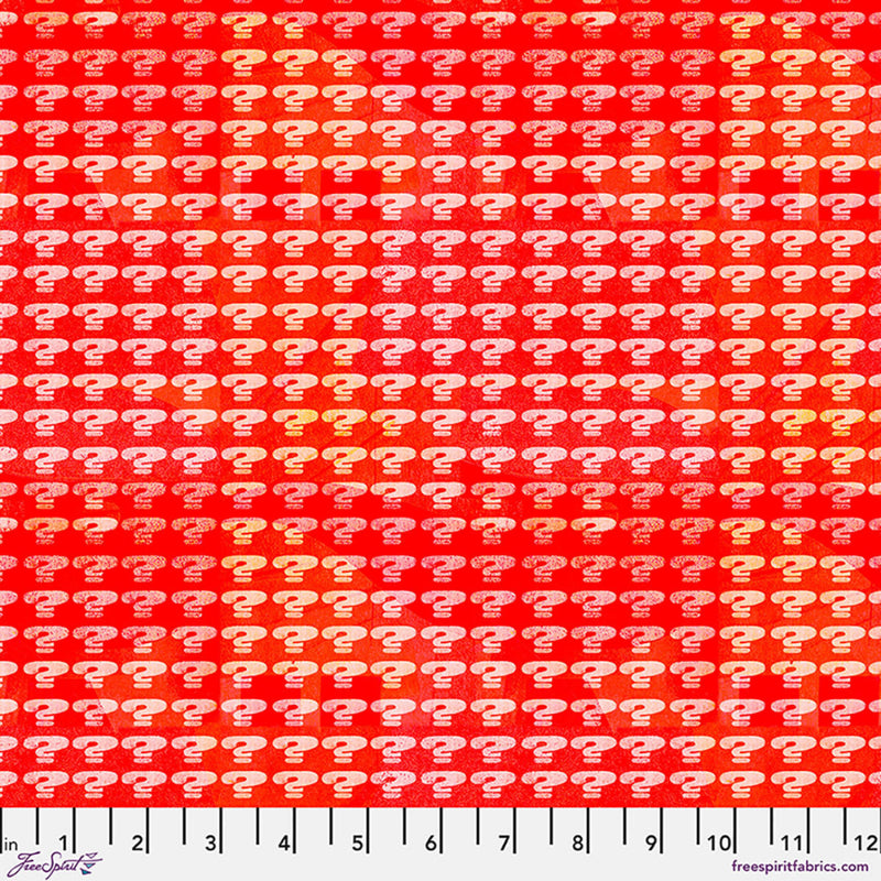 Pattern of question marks on a red- orange background with a fabric swatch at the bottom.