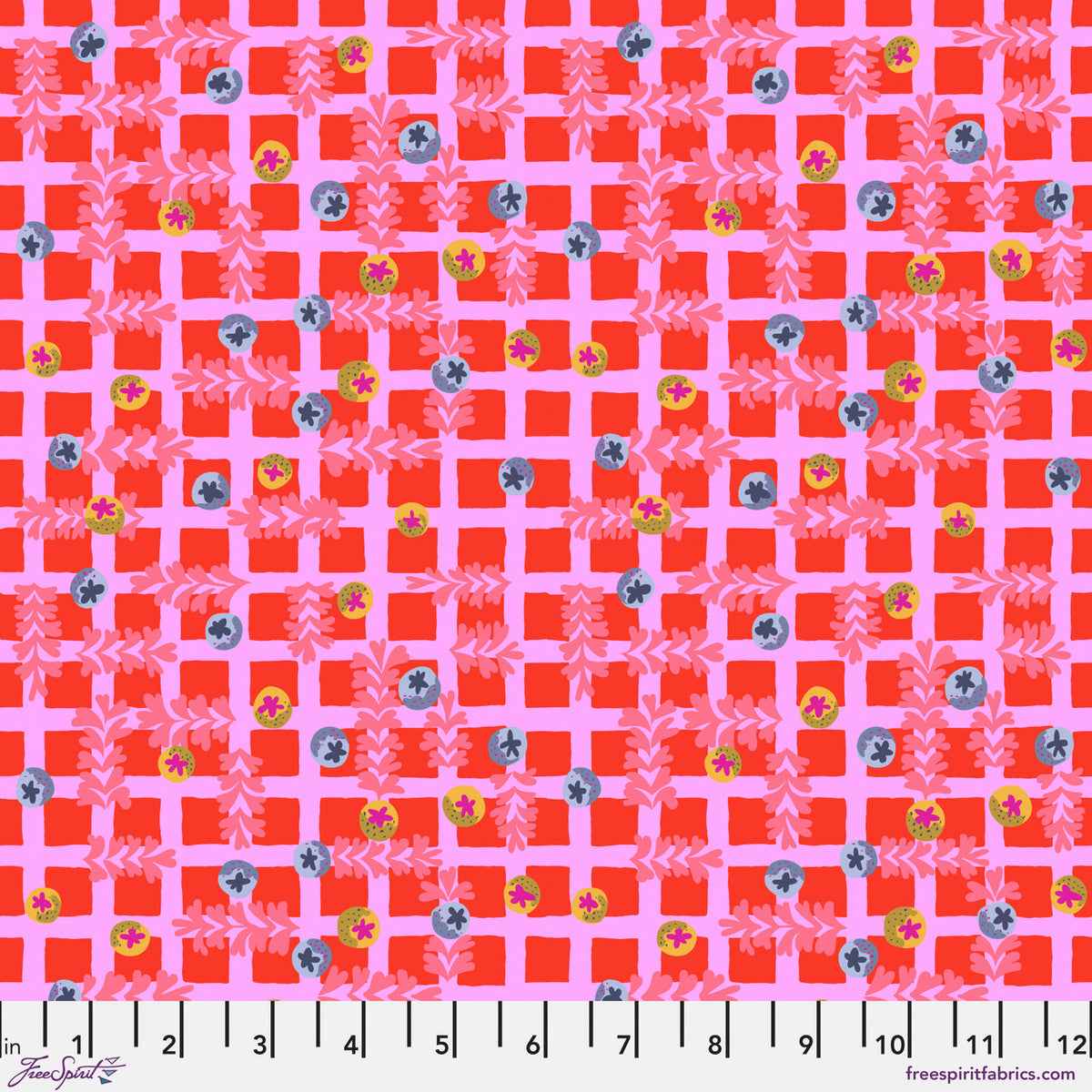 red and pink checkerboard with blueberries scattered.