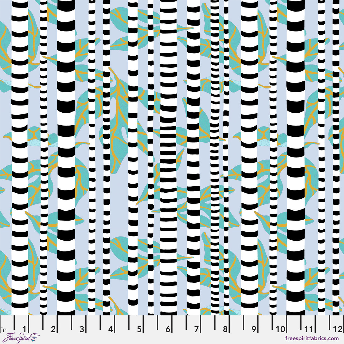 black and white striped vertical lines on a blue background with blue leaves