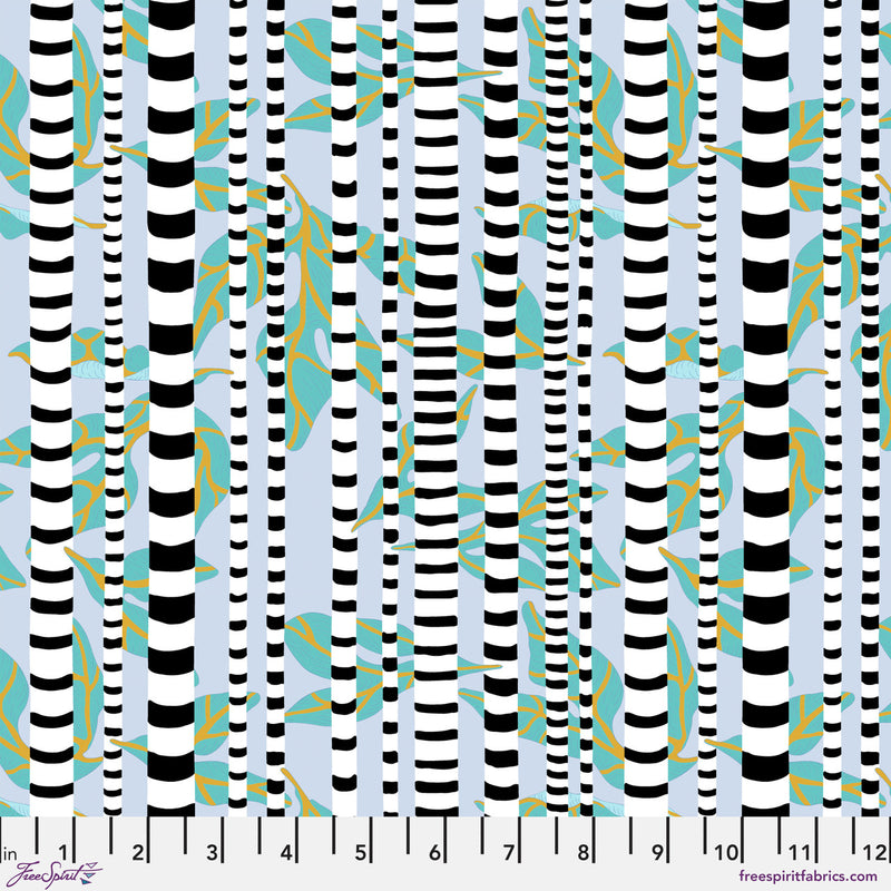 black and white striped vertical lines on a blue background with blue leaves