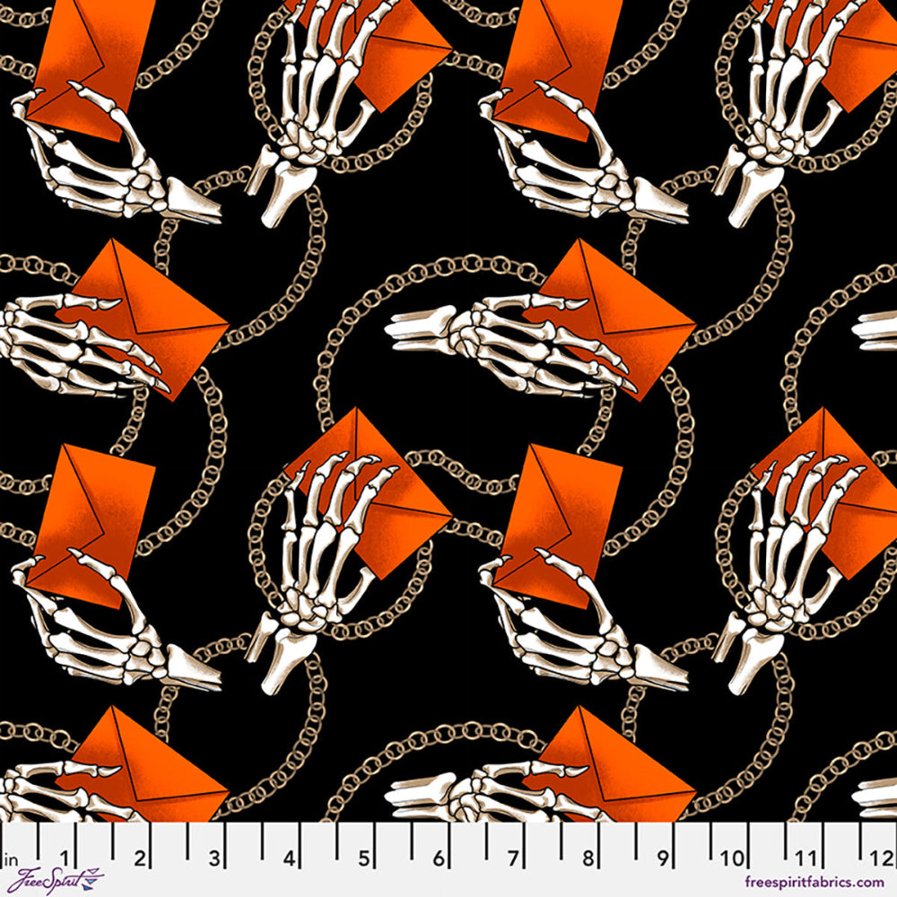 Pattern of skeleton hands holding orange envelopes with chains on a black background.
