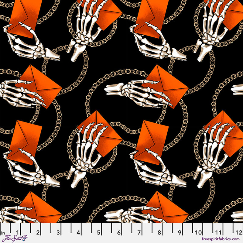 Pattern of skeleton hands holding orange envelopes with chains on a black background.