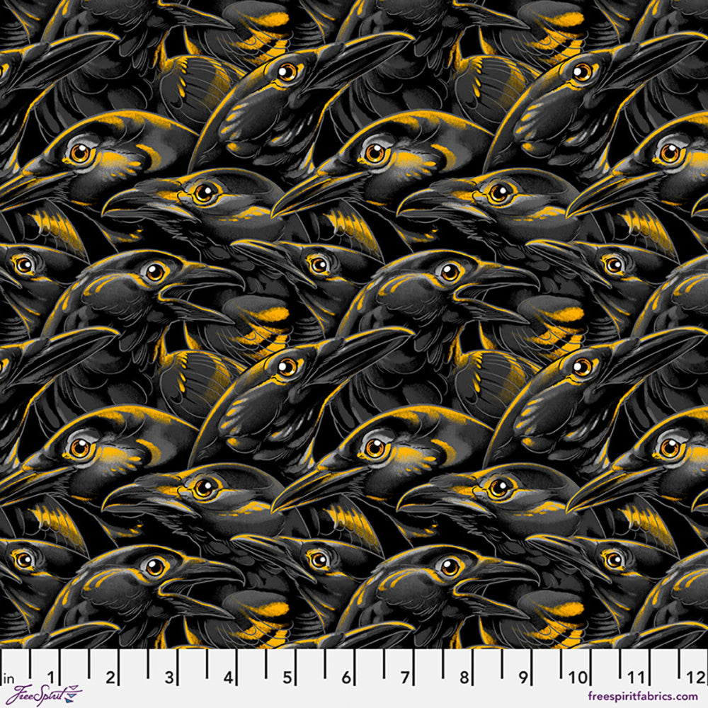 Pattern of crows with yellow highlights on a black background with a ruler at the bottom.